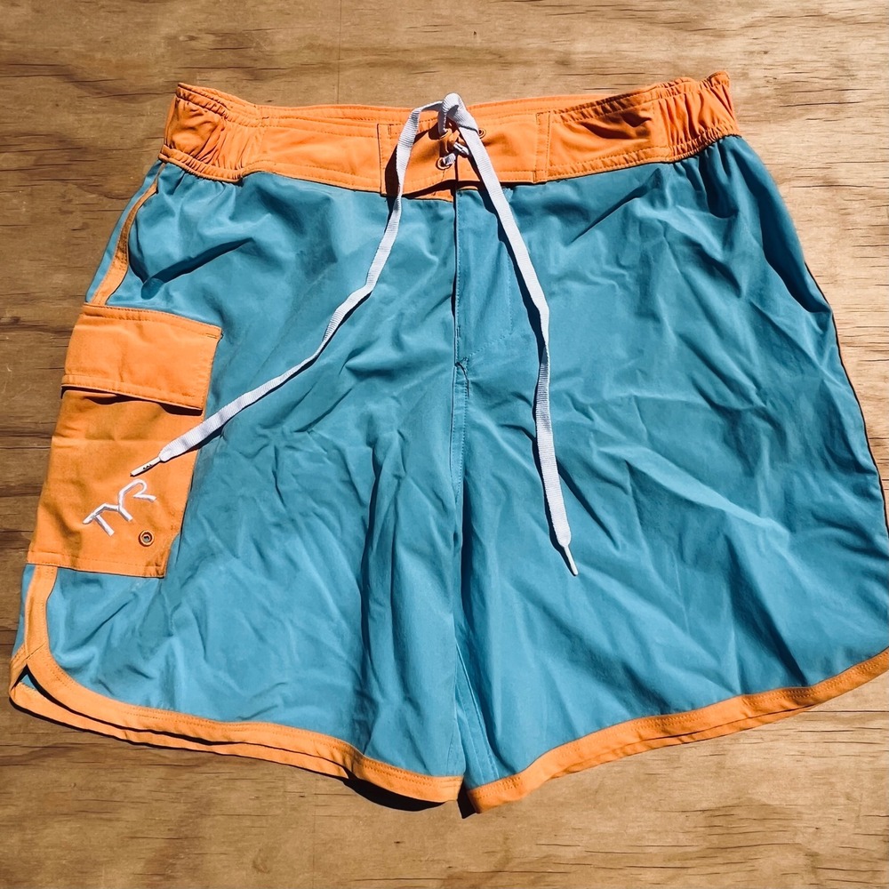 TYR Mens Board Shorts Blue Orange Swim Trunks Cargo Pocket Size Medium